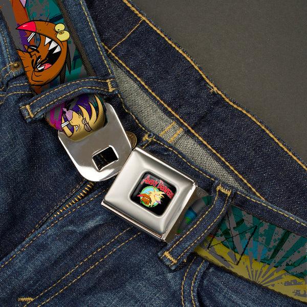 Buckle-Down Angry Beavers Logo Full Color Black Seatbelt Belt - Daggett & Norbert Poses3 Rays Grays/Multi Color Webbing