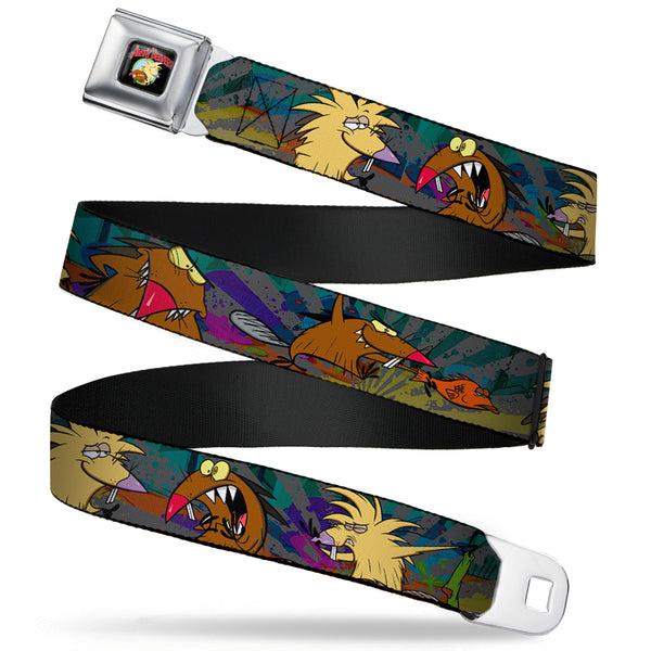 Buckle-Down Angry Beavers Logo Full Color Black Seatbelt Belt - Daggett & Norbert Poses3 Rays Grays/Multi Color Webbing