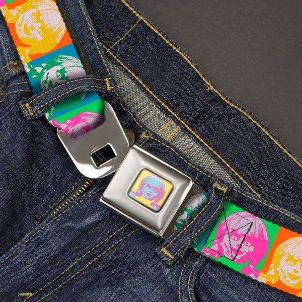 Buckle-Down Annabelle Pop Art Face Full Color Yellow/Pink/Blue Seatbelt Belt - Annabelle Doll Face Pop Art Color Block Multi Color Webbing