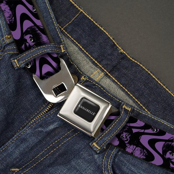 Buckle-Down ANNABELLE Title Logo Full Color Black/White Seatbelt Belt - Annabelle Face And Eyeballs Squiggle Black/Purple Webbing