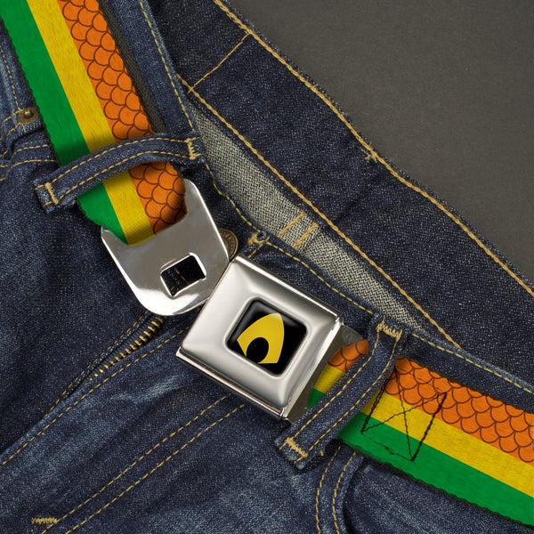 Buckle-Down Aquaman Logo Full Color Black Yellow Seatbelt Belt - Aquaman Rasta Webbing