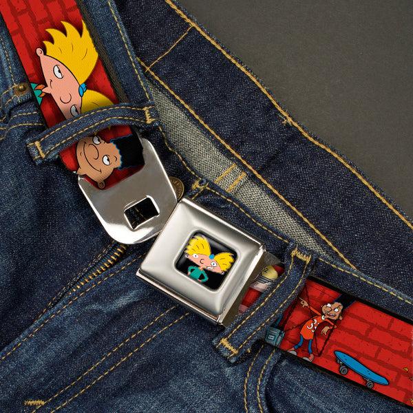 Buckle-Down Arnold Pose Full Color Black Seatbelt Belt - Arnold & Gerald Poses Brick Wall Webbing