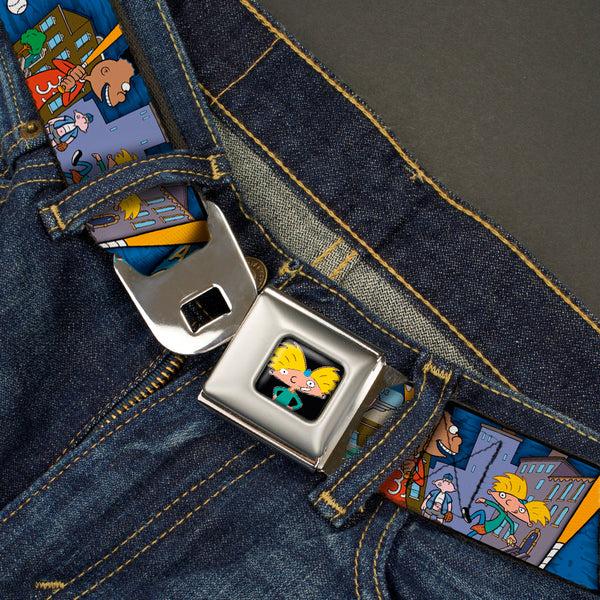 Buckle-Down Arnold Pose Full Color Black Seatbelt Belt - Arnold ALL-STAR/Gerald SLUGGER Baseball Poses Blue Webbing
