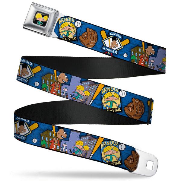 Buckle-Down Arnold Pose Full Color Black Seatbelt Belt - Arnold ALL-STAR/Gerald SLUGGER Baseball Poses Blue Webbing