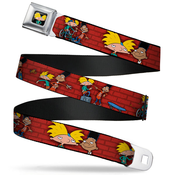 Buckle-Down Arnold Pose Full Color Black Seatbelt Belt - Arnold & Gerald Poses Brick Wall Webbing