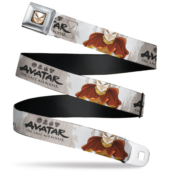 Buckle-Down Avatar the Last Airbender Aang Face Close-Up Full Color Seatbelt Belt - AVATAR THE LAST AIRBENDER Aang Pose and Title Logo White/Grays/Black Webbing