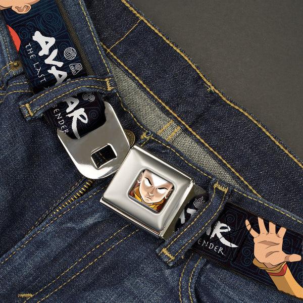 Buckle-Down Avatar The Last Airbender Aang Face Close-Up Full Color Seatbelt Belt - AVATAR THE LAST AIRBENDER Aang Hand Pose And Title Logo Black/Grays Webbing
