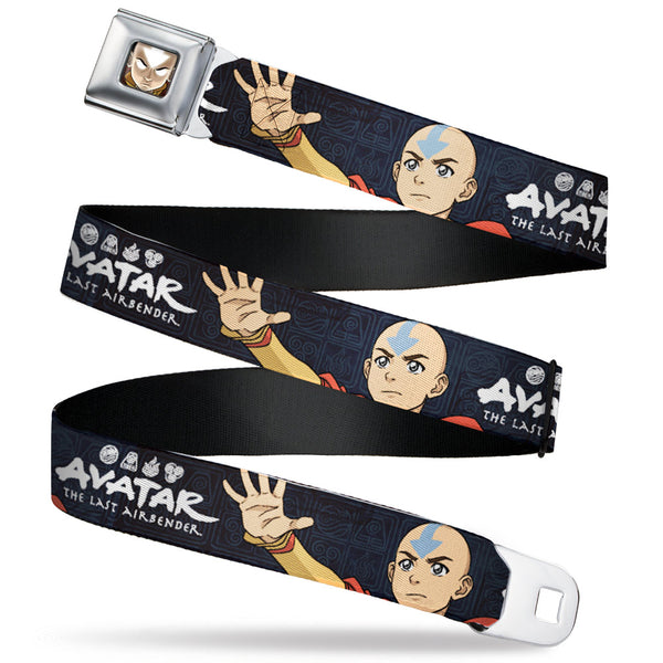Buckle-Down Avatar the Last Airbender Aang Face Close-Up Full Color Seatbelt Belt - AVATAR THE LAST AIRBENDER Aang Hand Pose and Title Logo Black/Grays Webbing