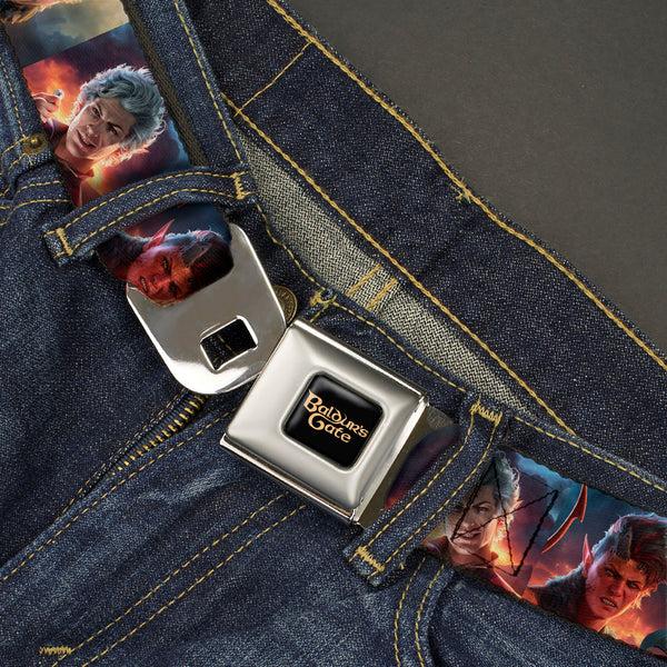 Buckle-Down BALDUR'S GATE III Title Logo Full Color Black/Gold Seatbelt Belt - Baldur's Gate III Five Character Pose Blocks Webbing