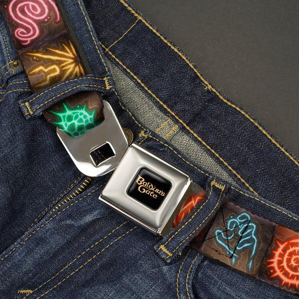 Buckle-Down BALDUR'S GATE III Title Logo Full Color Black/Gold Seatbelt Belt - Baldur's Gate III Spells Icon Blocks Multi Color Webbing