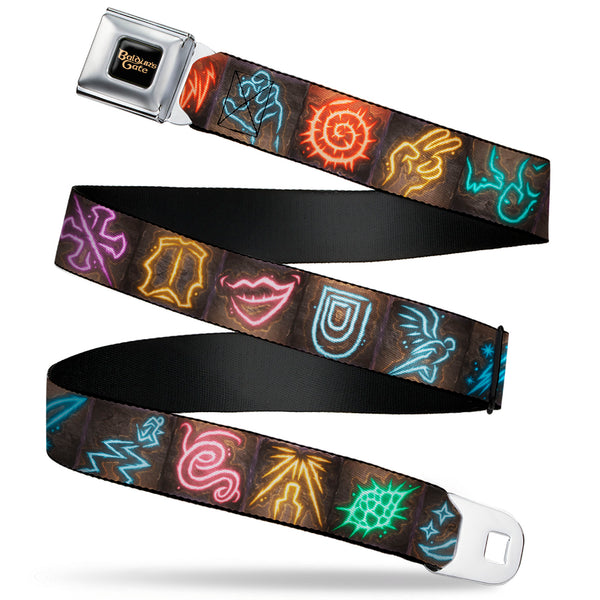 Buckle-Down BALDUR'S GATE III Title Logo Full Color Black/Gold Seatbelt Belt - Baldur's Gate III Spells Icon Blocks Multi Color Webbing