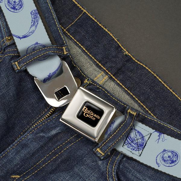 Buckle-Down BALDUR'S GATE III Title Logo Full Color Black/Gold Seatbelt Belt - Baldur's Gate III Icons Scattered Blues Webbing