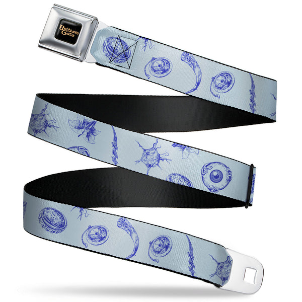 Buckle-Down BALDUR'S GATE III Title Logo Full Color Black/Gold Seatbelt Belt - Baldur's Gate III Icons Scattered Blues Webbing