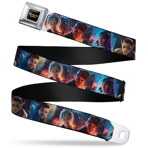Buckle-Down BALDUR'S GATE III Title Logo Full Color Black/Gold Seatbelt Belt - Baldur's Gate III Five Character Pose Blocks Webbing