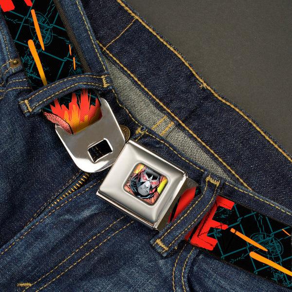 Buckle-Down Bane Face Explosion Full Color Seatbelt Belt - BANE Pose/Explosion Bat Signal/Chanlink Black/Gray/Reds Webbing