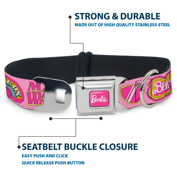 Buckle-Down BARBIE Script Signature Full Color Hot Pink/White Seatbelt Buckle Collar - Malibu Barbie 1971 Icons And Quotes Pinks/Yellows