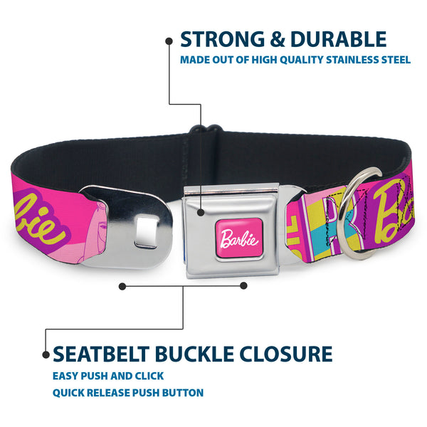 Buckle-Down BARBIE Script Signature Full Color Hot Pink/White Seatbelt Buckle Collar - Barbie Text And Dolls Collage Pinks/Multi Color