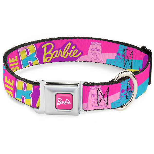 Buckle-Down BARBIE Script Signature Full Color Hot Pink/White Seatbelt Buckle Collar - Barbie Text And Dolls Collage Pinks/Multi Color