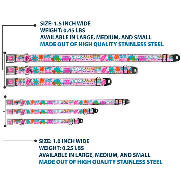 Buckle-Down BARBIE Script Signature Full Color Hot Pink/White Seatbelt Buckle Collar - CAMP BARBIE MALIBU Icons Collage Pink/Multi Color