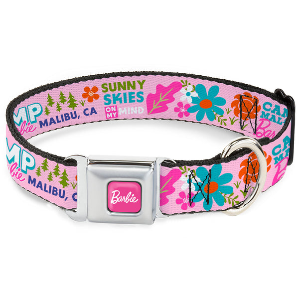 Buckle-Down BARBIE Script Signature Full Color Hot Pink/White Seatbelt Buckle Collar - CAMP BARBIE MALIBU Icons Collage Pink/Multi Color