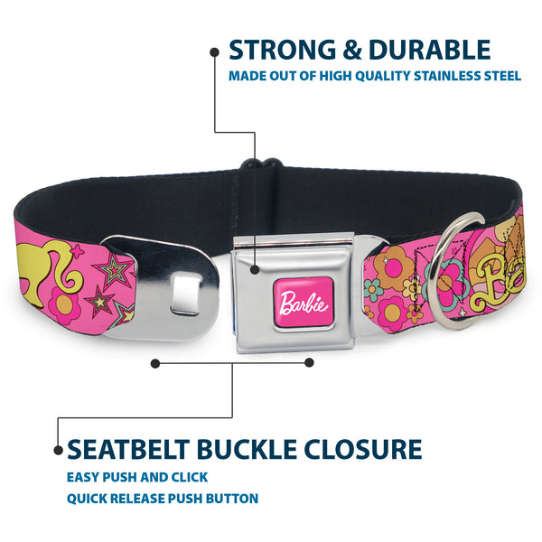 Buckle-Down BARBIE Script Signature Full Color Hot Pink/White Seatbelt Buckle Collar - BARBIE SUNNY DAYS AHEAD Icons Collage Pink/Multi Color