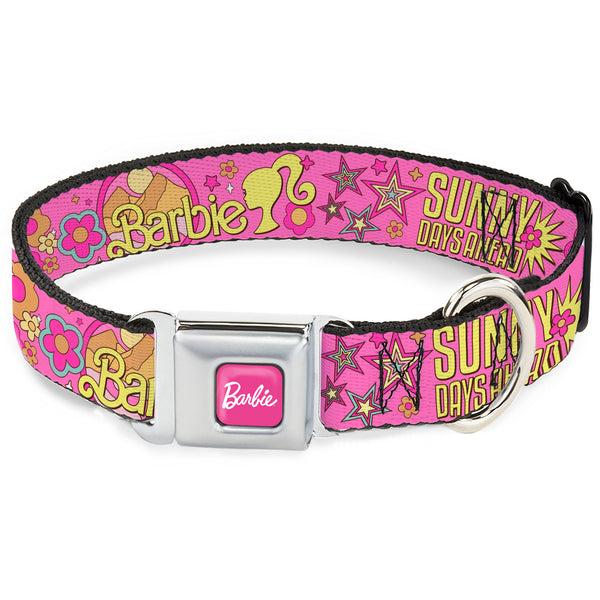 Buckle-Down BARBIE Script Signature Full Color Hot Pink/White Seatbelt Buckle Collar - BARBIE SUNNY DAYS AHEAD Icons Collage Pink/Multi Color