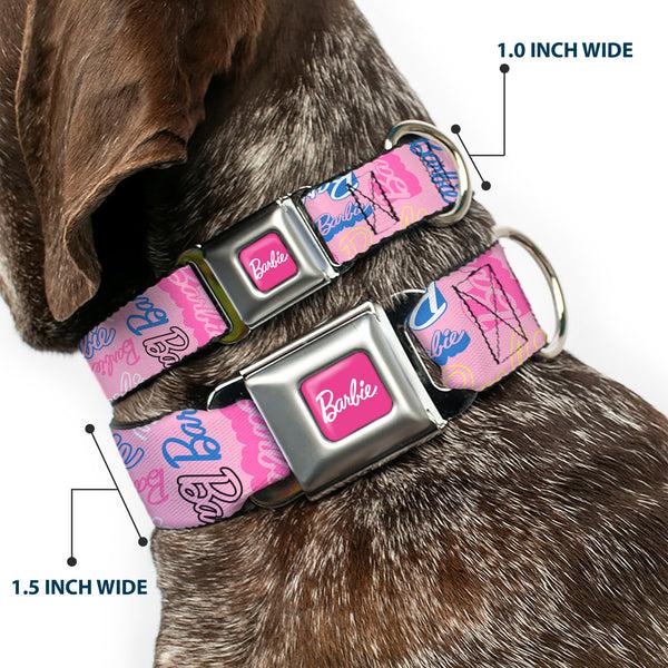 Buckle-Down BARBIE Script Signature Full Color Hot Pink/White Seatbelt Buckle Collar - BARBIE Script Signature Collage Pink/Multi Color