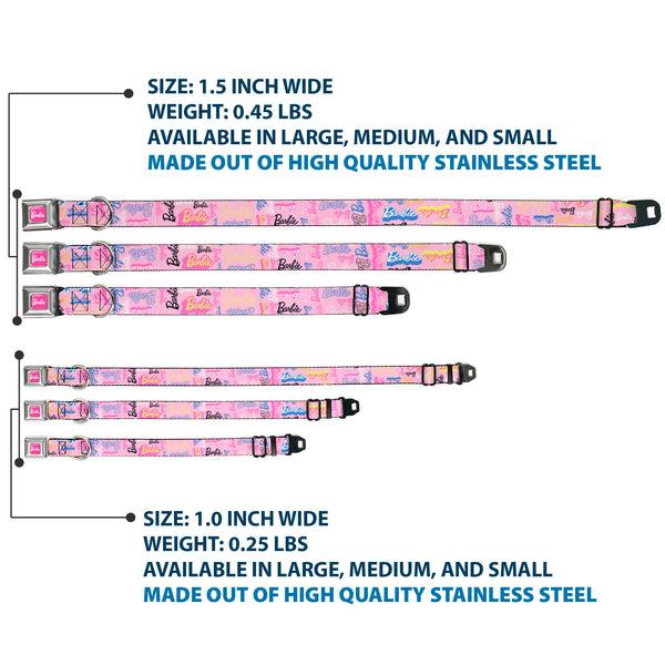 Buckle-Down BARBIE Script Signature Full Color Hot Pink/White Seatbelt Buckle Collar - BARBIE Script Signature Collage Pink/Multi Color