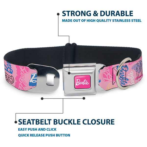 Buckle-Down BARBIE Script Signature Full Color Hot Pink/White Seatbelt Buckle Collar - BARBIE Script Signature Collage Pink/Multi Color