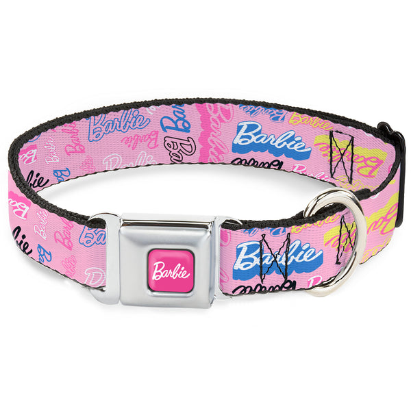 Buckle-Down BARBIE Script Signature Full Color Hot Pink/White Seatbelt Buckle Collar - BARBIE Script Signature Collage Pink/Multi Color