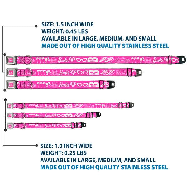 Buckle-Down BARBIE Script Signature Full Color Hot Pink/White Seatbelt Buckle Collar - BARBIE Script Signature And Icons Pink/White
