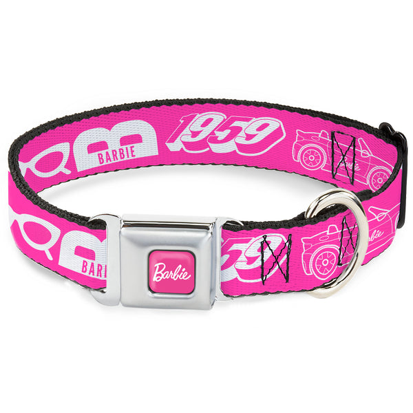 Buckle-Down BARBIE Script Signature Full Color Hot Pink/White Seatbelt Buckle Collar - BARBIE Script Signature and Icons Pink/White