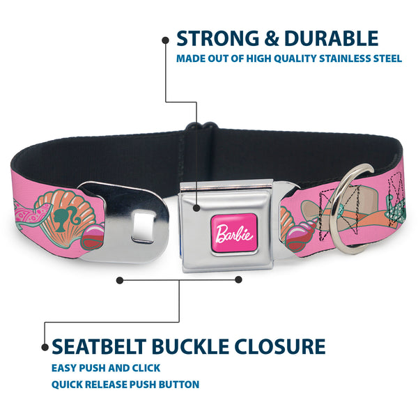 Buckle-Down BARBIE Script Signature Full Color Hot Pink/White Seatbelt Buckle Collar - BARBIE BEACH COWGIRL Icons Collage Pinks/Blues