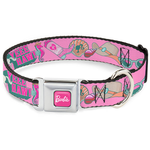 Buckle-Down BARBIE Script Signature Full Color Hot Pink/White Seatbelt Buckle Collar - BARBIE BEACH COWGIRL Icons Collage Pinks/Blues