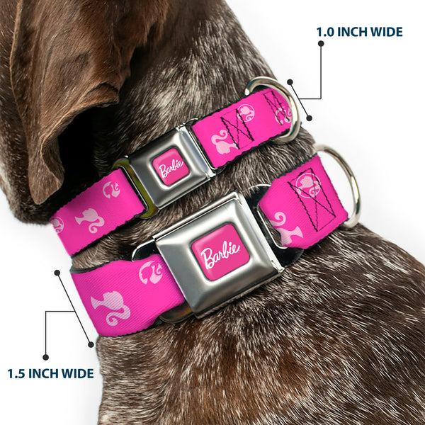 Buckle-Down BARBIE Script Signature Full Color Hot Pink/White Seatbelt Buckle Collar - Barbie Ponytail Silhouette Icon Scattered Pinks