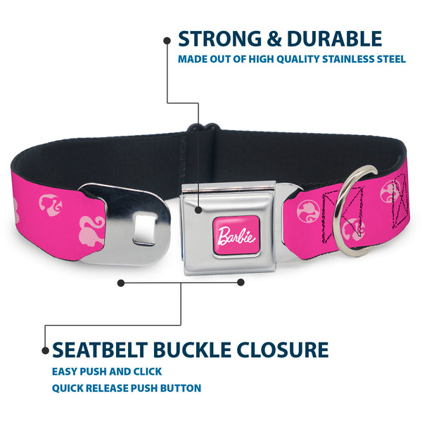 Buckle-Down BARBIE Script Signature Full Color Hot Pink/White Seatbelt Buckle Collar - Barbie Ponytail Silhouette Icon Scattered Pinks