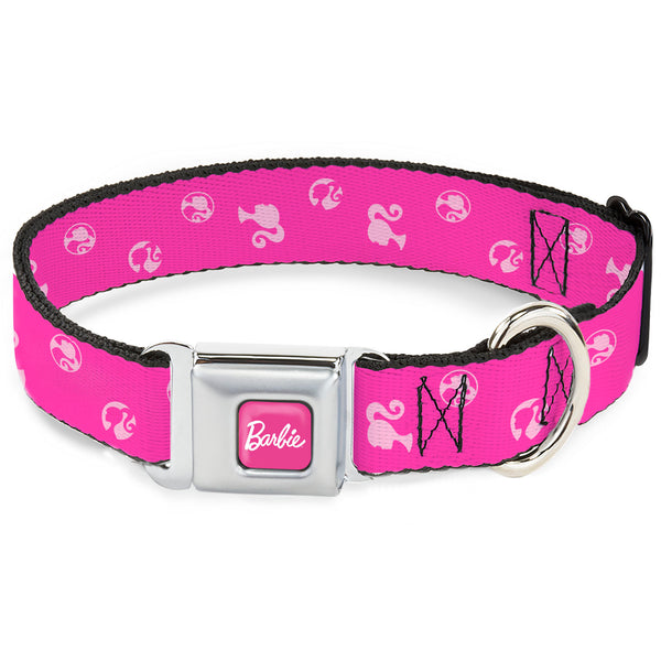 Buckle-Down BARBIE Script Signature Full Color Hot Pink/White Seatbelt Buckle Collar - Barbie Ponytail Silhouette Icon Scattered Pinks