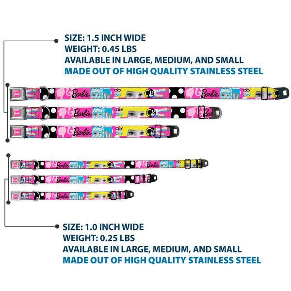 Buckle-Down BARBIE Script Signature Full Color Hot Pink/White Seatbelt Buckle Collar - BARBIE Accessory Icons Collage Multi Color