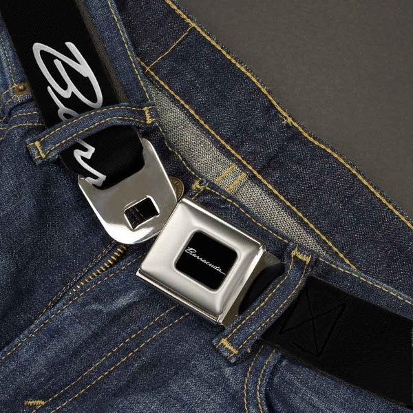 Buckle-Down BARRACUDA Script Logo Full Color Black White Seatbelt Belt - BARRACUDA Script Logo Black/Silver Webbing