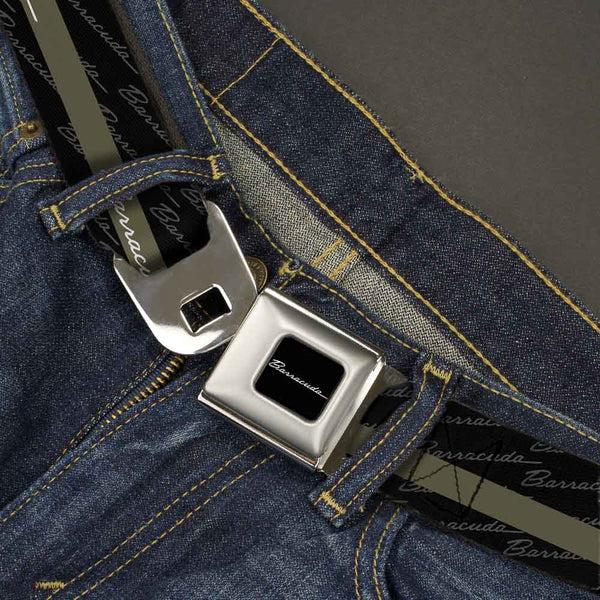 Buckle-Down BARRACUDA Script Logo Full Color Black White Seatbelt Belt - BARRACUDA Script Stripe/Monogram Black/Gray/Olive/Silver Webbing