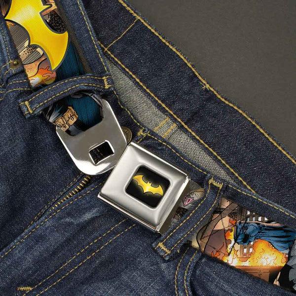 Buckle-Down Bat Shield Full Color Black Golden Yellow Seatbelt Belt - Bat Shield/Urban Legend Action Poses/Fire Full Color/Golden Yellow Webbing