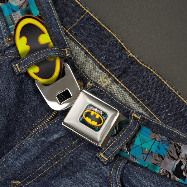 Buckle-Down Bat Shield Glow Checkers Full Color Blues Grays Gold Black Seatbelt Belt - Batman Detective Comics 2-Poses/Bat Signal Checker Blues/Grays/Yellow/Black Webbing