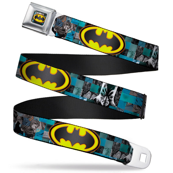 Buckle-Down Bat Shield Glow Checkers Full Color Blues Grays Gold Black Seatbelt Belt - Batman Detective Comics 2-Poses/Bat Signal Checker Blues/Grays/Yellow/Black Webbing