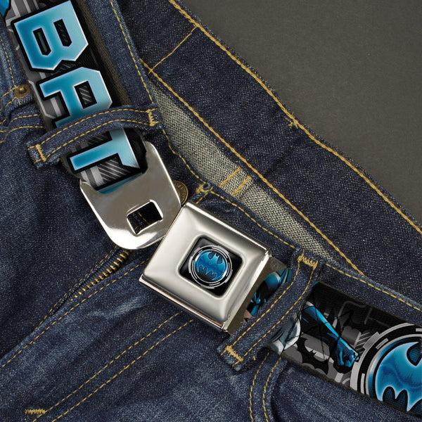 Buckle-Down Bat Signal Full Color Black Gray Blues Seatbelt Belt - BATMAN Poses/Bat Signal CLOSE-UP Black/Grays/Blues Webbing