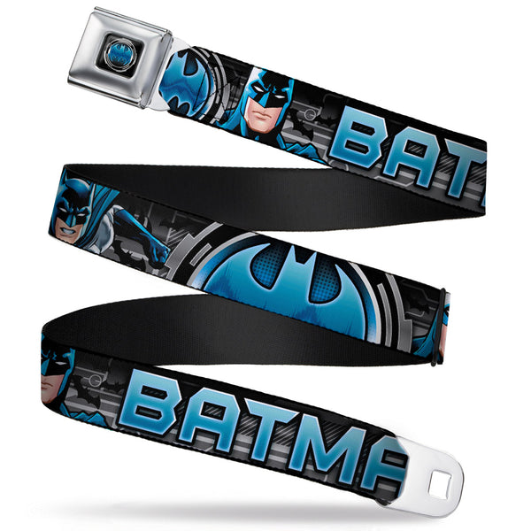Buckle-Down Bat Signal Full Color Black Gray Blues Seatbelt Belt - BATMAN Poses/Bat Signal CLOSE-UP Black/Grays/Blues Webbing