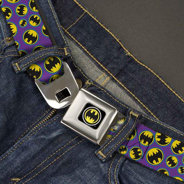 Buckle-Down Bat Signal Full Color Black White Yellow Seatbelt Belt - Bat Signal Scattered Purple/Blue/Yellow/Black Webbing