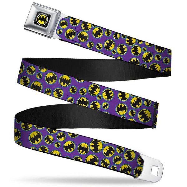 Buckle-Down Bat Signal Full Color Black White Yellow Seatbelt Belt - Bat Signal Scattered Purple/Blue/Yellow/Black Webbing