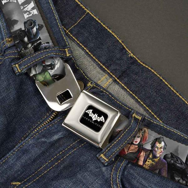 Buckle-Down BATMAN-ARKHAM CITY Logo Full Color Black White Seatbelt Belt - ARKHAM CITY 9-Character Group Grays/White Webbing Webbing