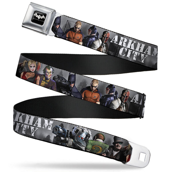 Buckle-Down BATMAN-ARKHAM CITY Logo Full Color Black White Seatbelt Belt - ARKHAM CITY 9-Character Group Grays/White Webbing Webbing