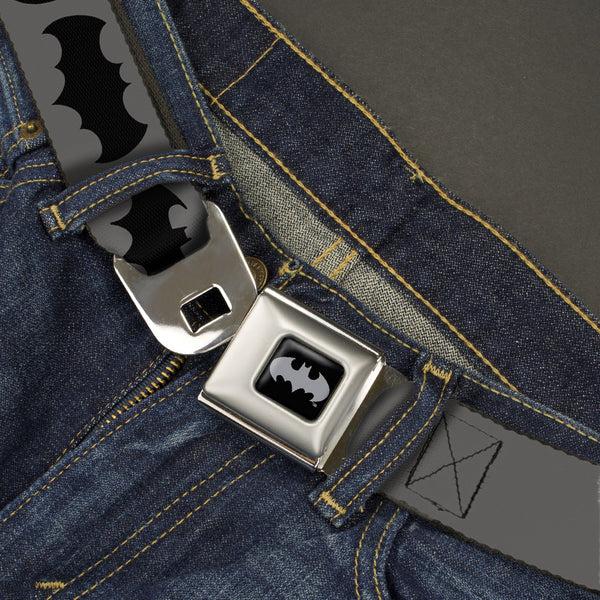 Buckle-Down Batman Black Silver Seatbelt Belt - Bat Logo Transitions Gray/Black Webbing